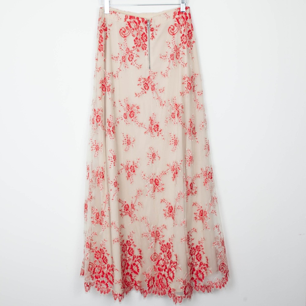 Alice + Olivia Kira Maxi Dress Embroidered Floral Sheer Nude Red Romantic Size 6 - Picture 7 of 9